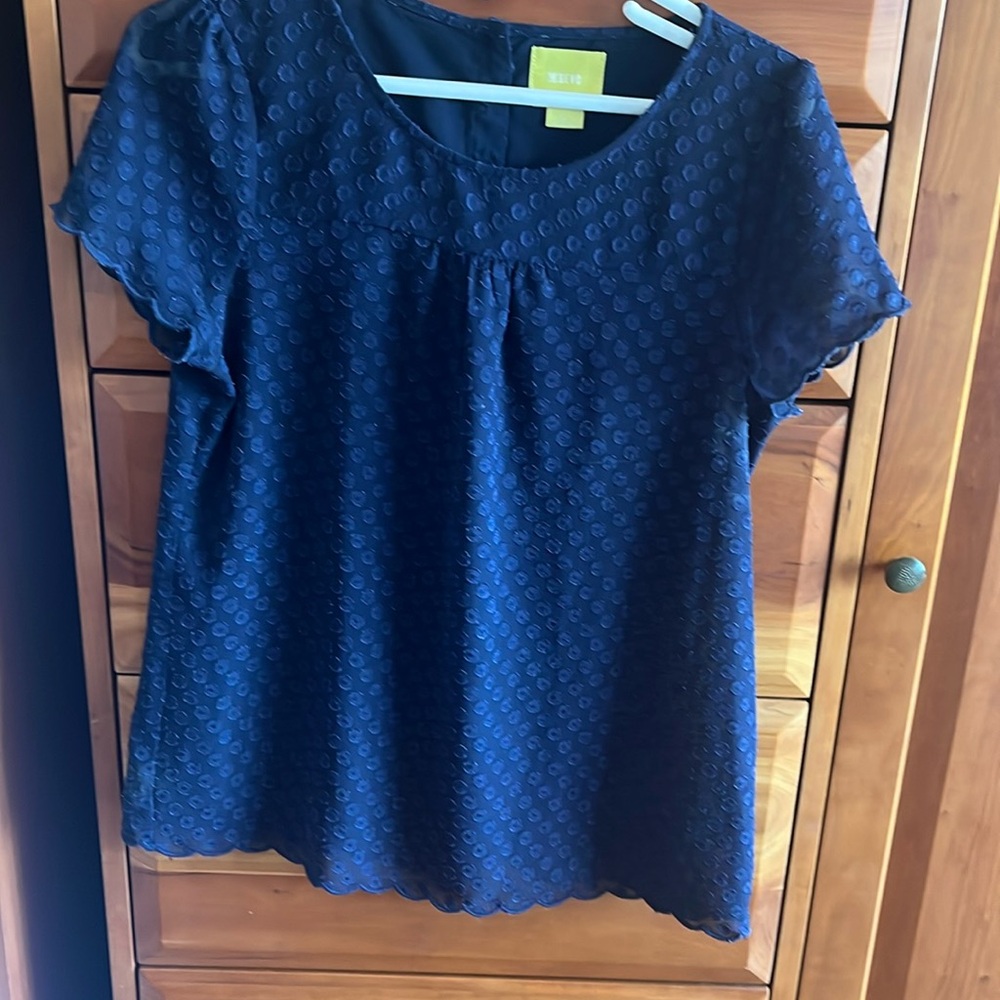 Maeve Button Sleeve Swiss Dot Scallop Hem Blouse sheer, navy, size 6